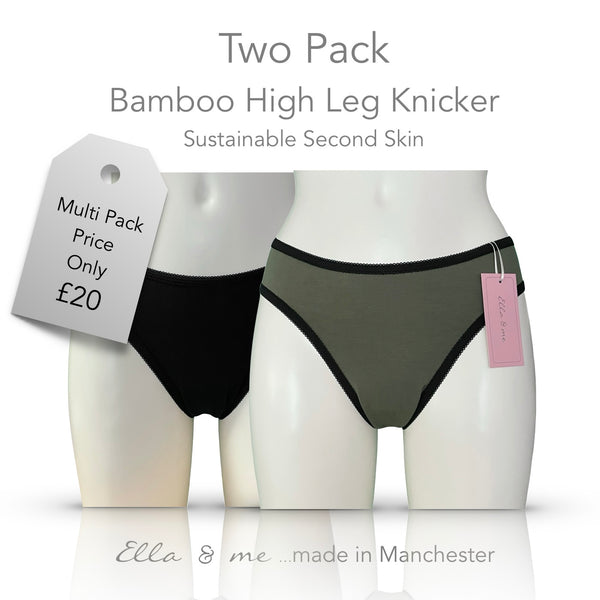 Soft Bamboo Jersey High Leg Knicker - Black & Olive Two Pack