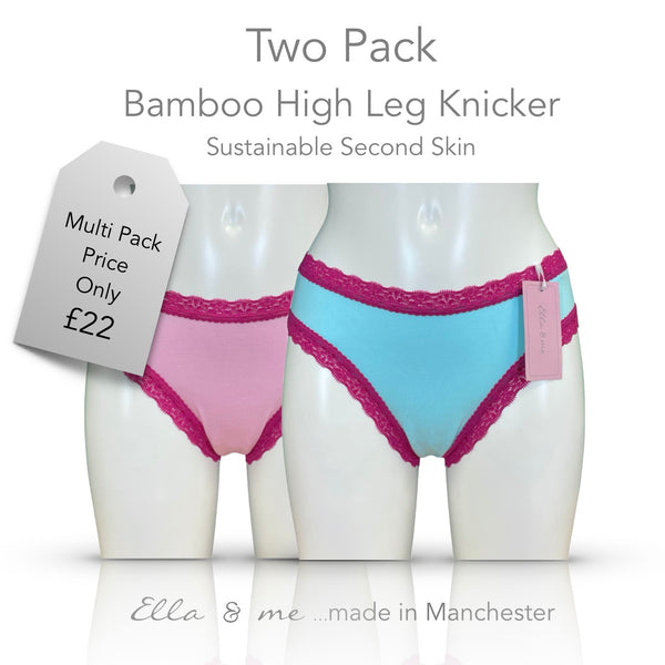 Soft Bamboo Jersey High Leg Knicker - Pink & Aqua Two Pack