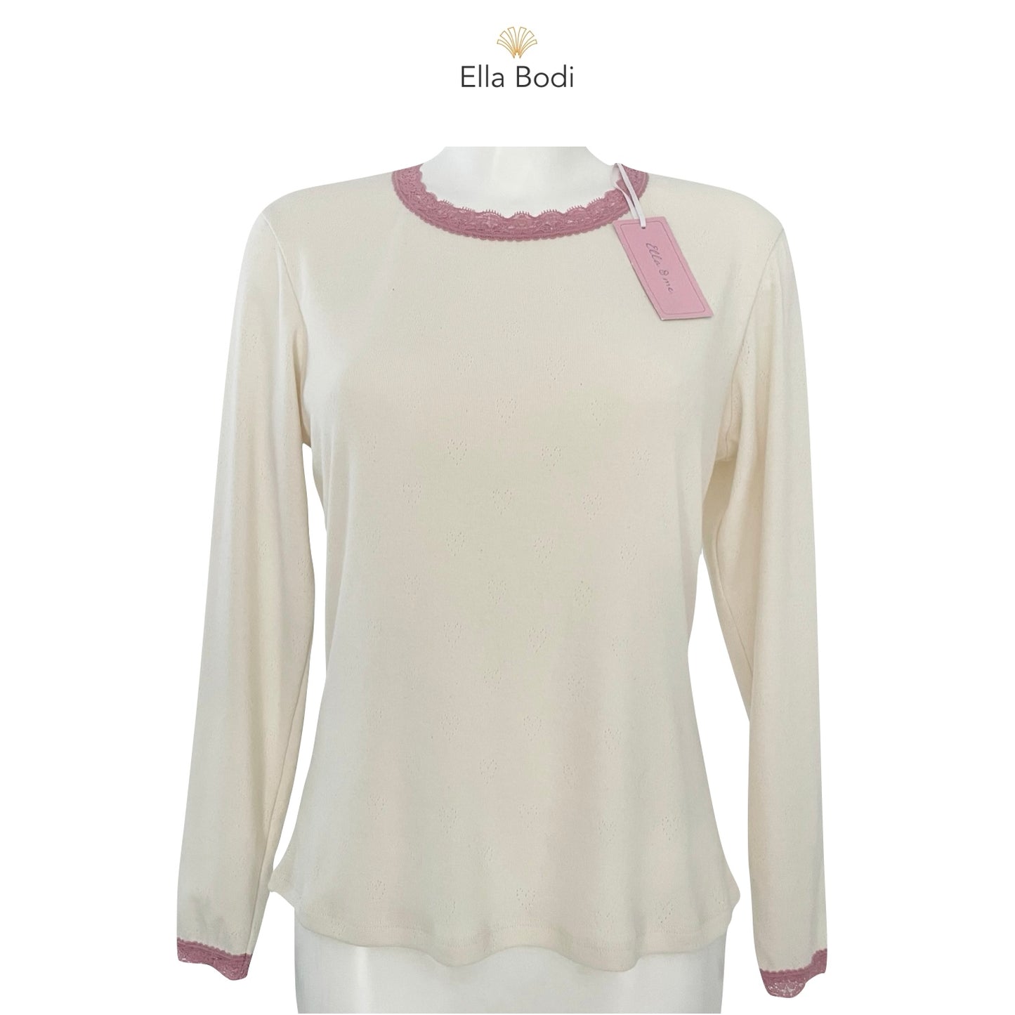 Soft Organic Cotton Pointelle Jersey Long Sleeve Top - Ivory & Vintage Rose