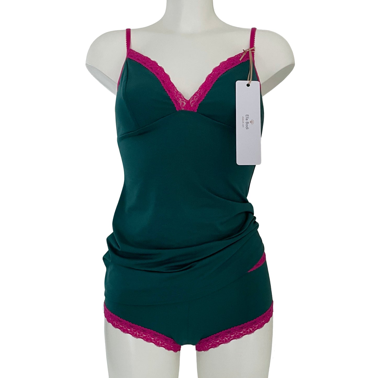 Soft Bamboo Jersey Strappy Cami Top - Emerald & Raspberry