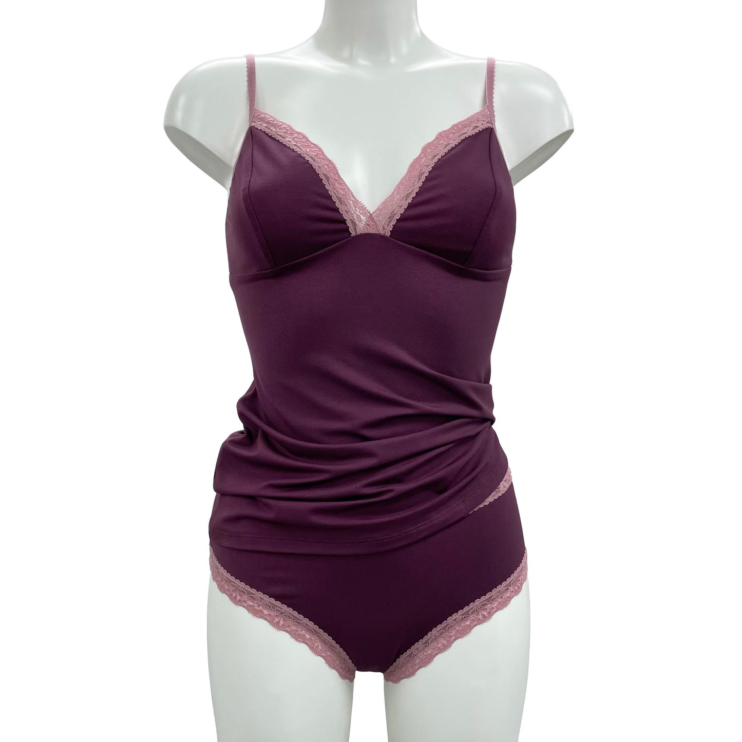 Soft Bamboo Jersey Strappy Cami Top - Damson & Vintage Rose
