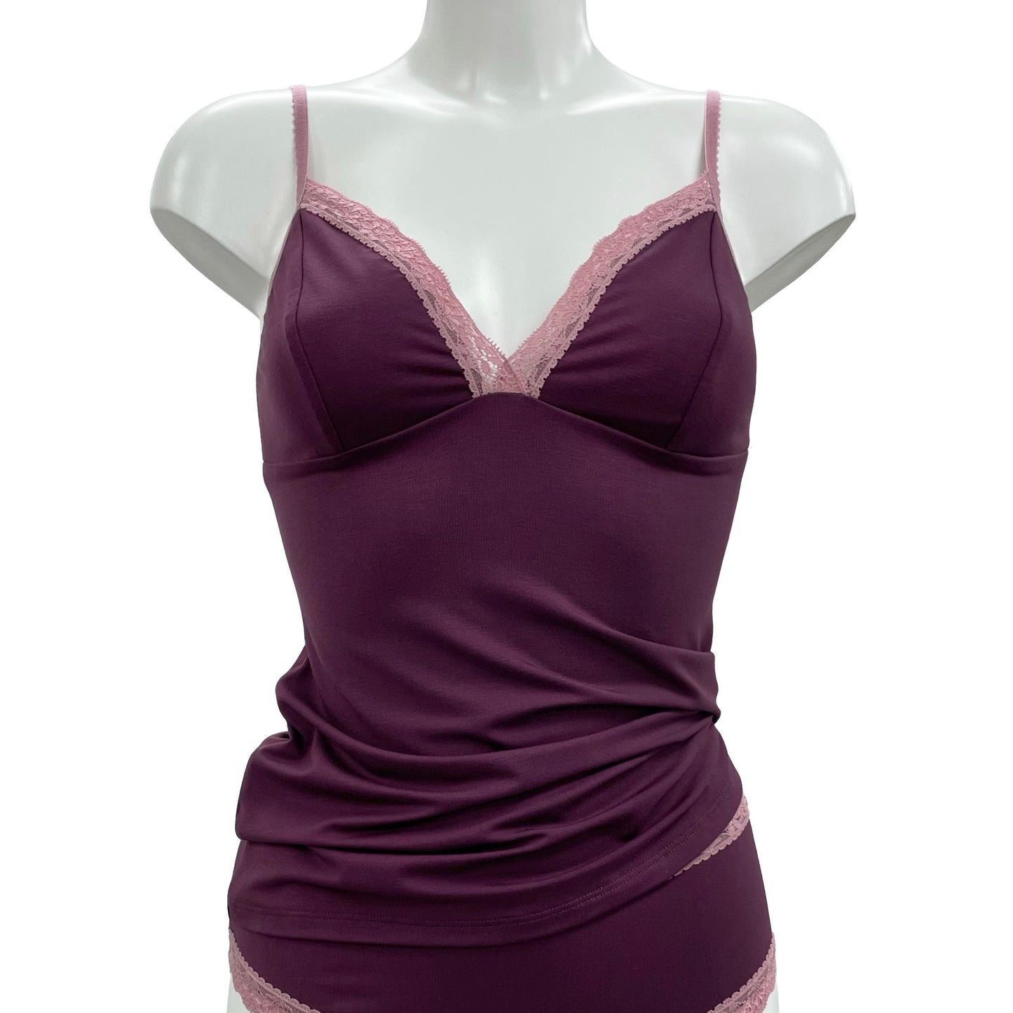 Soft Bamboo Jersey Strappy Cami Top - Damson & Vintage Rose
