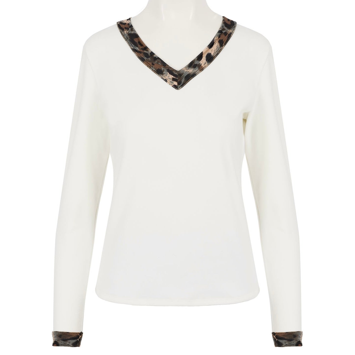 Fleece Soft Knit Jersey Long Sleeve Pyjama Top (Ivory / Animal Print Trim)