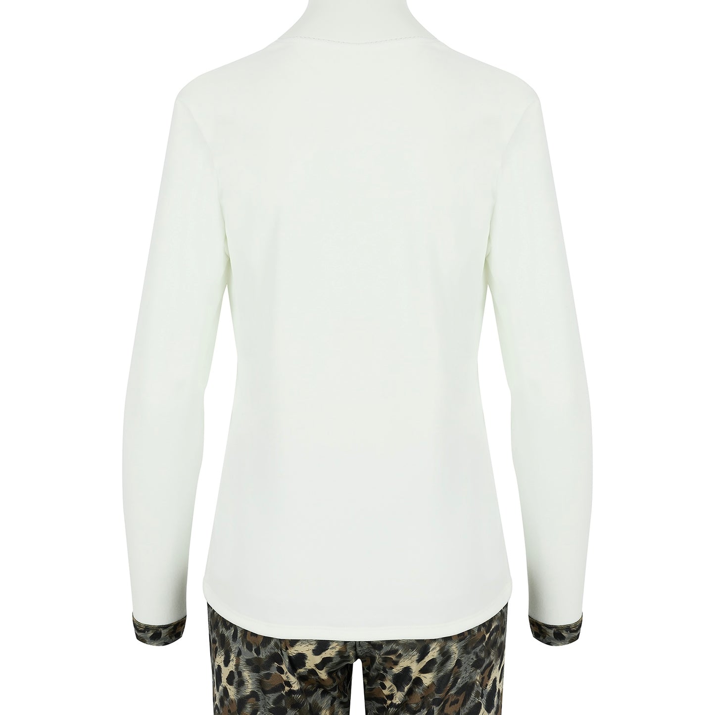 Fleece Soft Knit Jersey Long Sleeve Pyjama Top (Ivory / Animal Print Trim)
