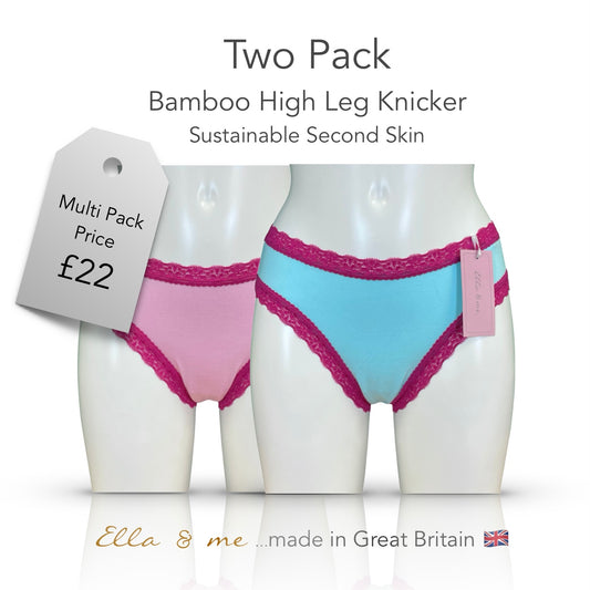 Soft Bamboo Jersey High Leg Knicker - Pink & Aqua Two Pack