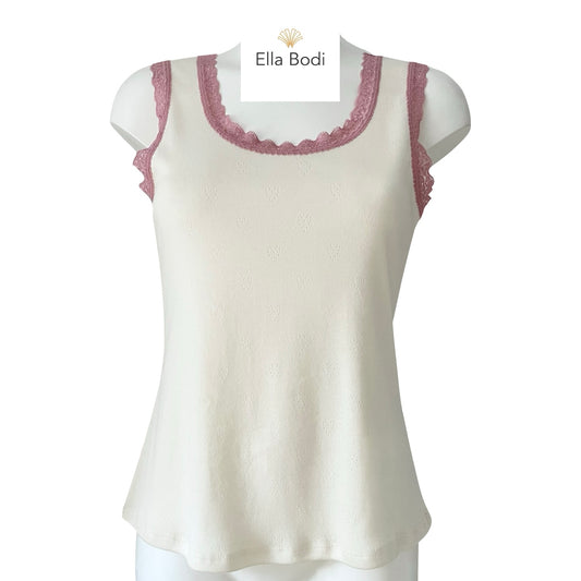 Soft Organic Cotton Pointelle Jersey Tank Vest - Ivory & Vintage Rose