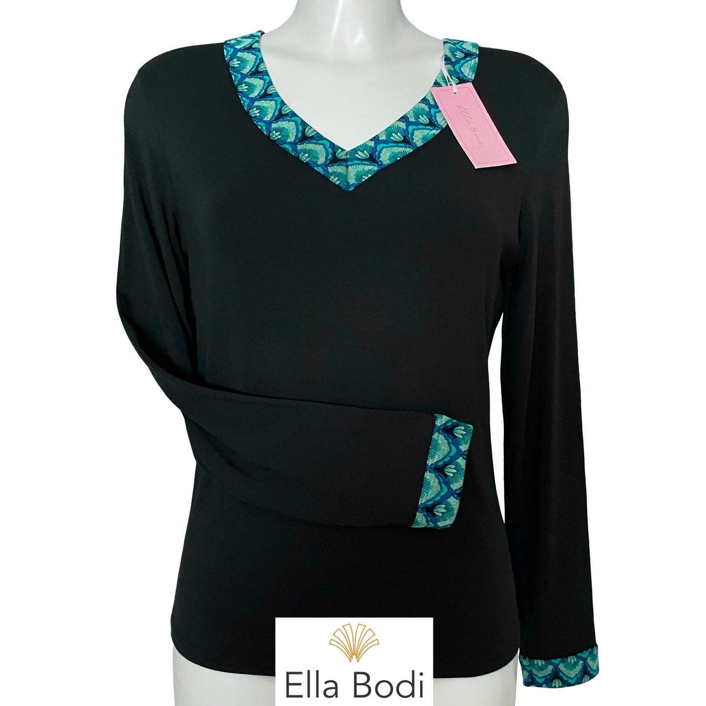 Bamboo Soft Knit Jersey Long Sleeve Pyjama Top (Black / Turquoise Print Trim)