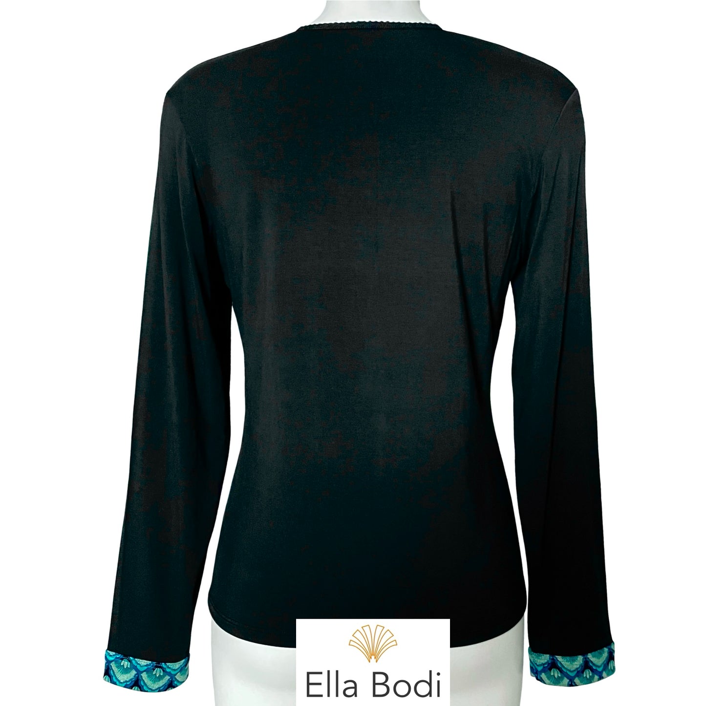 Bamboo Soft Knit Jersey Long Sleeve Pyjama Top (Black / Turquoise Print Trim)