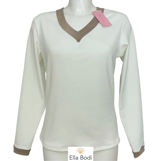 Fleece Soft Knit Jersey Long Sleeve Pyjama Top (Ivory / Biscuit Trim)