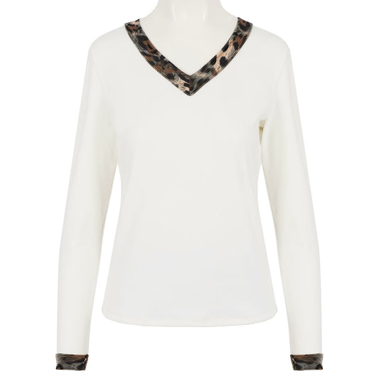 Fleece Soft Knit Jersey Long Sleeve Pyjama Top (Ivory / Animal Print Trim)
