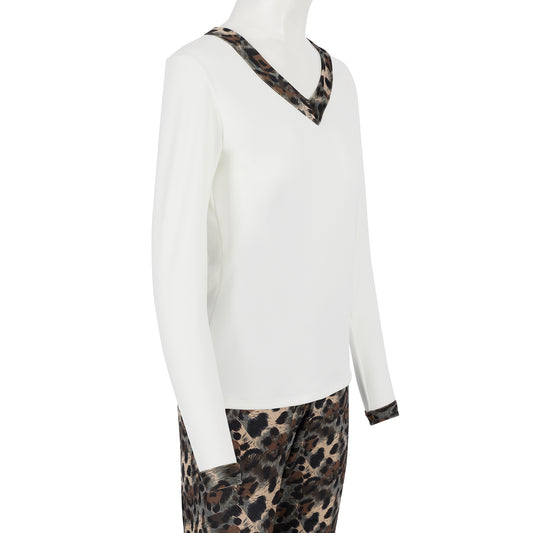 Fleece Soft Knit Jersey Long Sleeve Pyjama Top (Ivory / Animal Print Trim)
