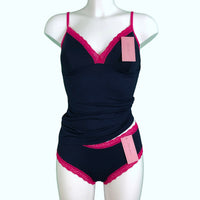Soft Bamboo Jersey Strappy Cami Top - Navy & Raspberry