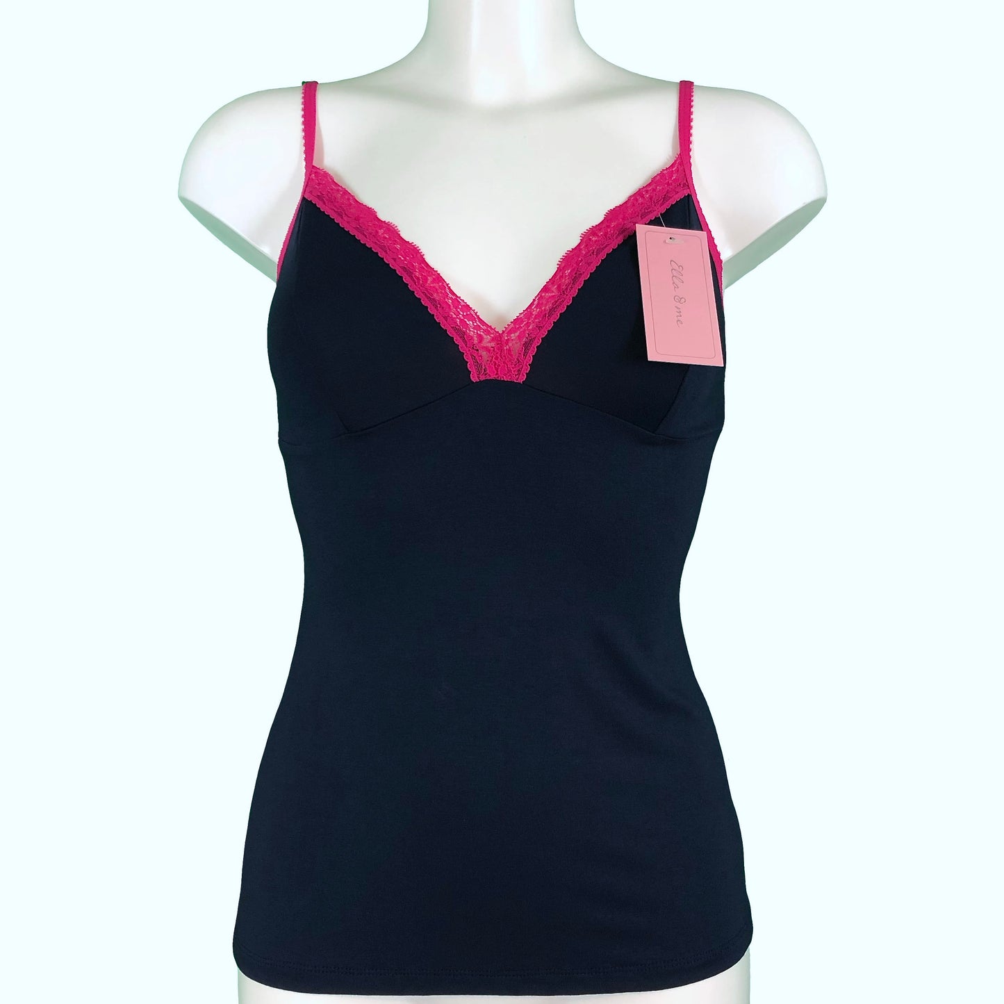 Soft Bamboo Jersey Strappy Cami Top - Navy & Raspberry