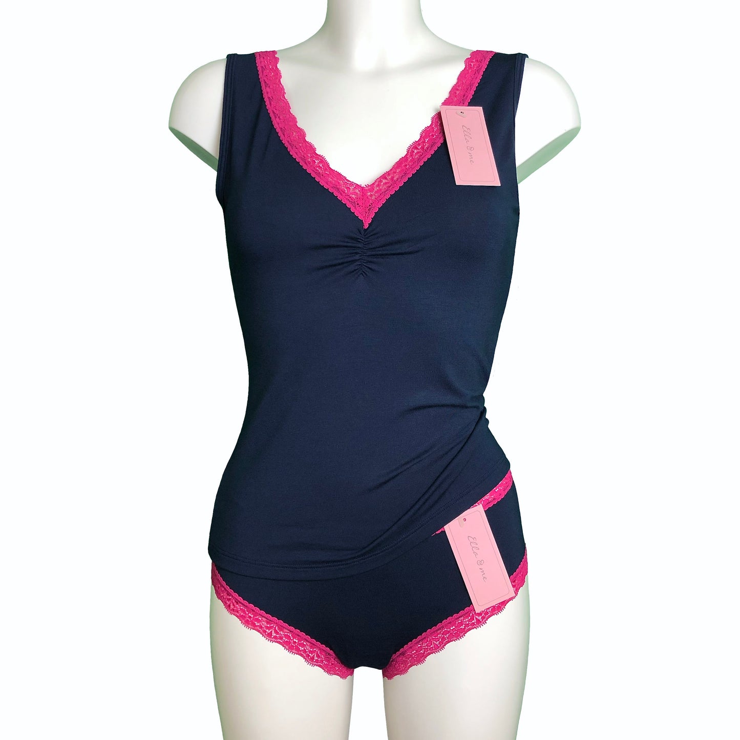 Soft Bamboo Jersey Lace Trim Cami Vest - Navy & Raspberry
