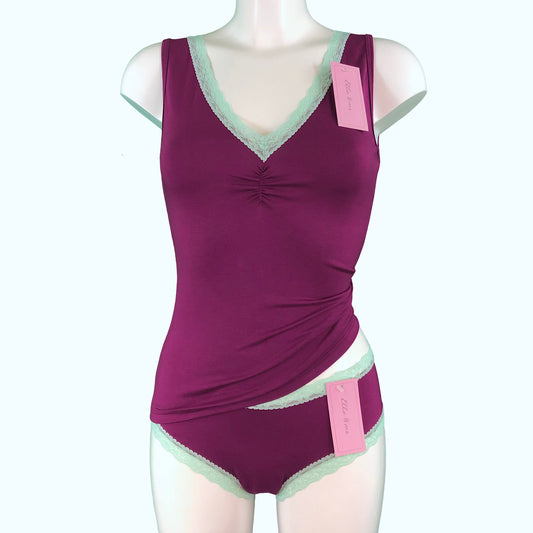 Soft Bamboo Jersey Lace Trim Cami Vest - Raspberry & Spearmint