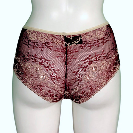 Jacquard Lace Classic Knicker - Claret & Cream