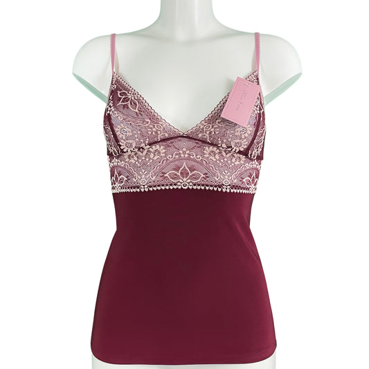 Soft Touch & Jacquard Lace Strappy Cami Top - Claret & Cream