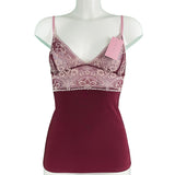 Soft Touch & Jacquard Lace Strappy Cami Top - Claret & Cream