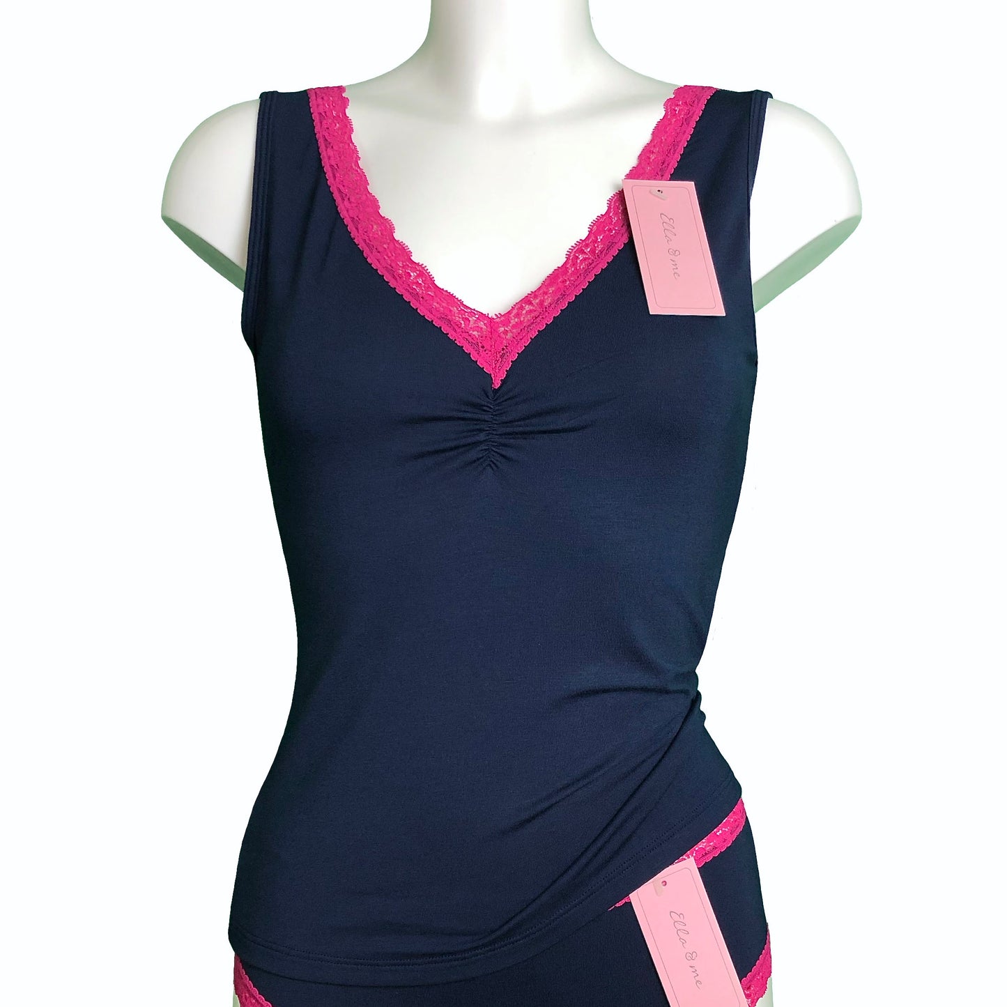 Soft Bamboo Jersey Lace Trim Cami Vest - Navy & Raspberry