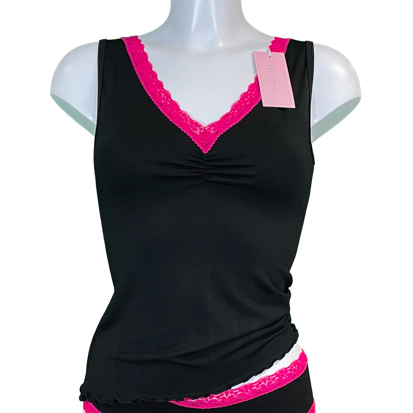 Soft Bamboo Jersey Lace Trim Cami Vest - Black & Raspberry