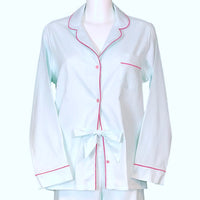 Classically Tailored 'Boyfriend' Pyjama - Mint & White Stripe With Navy Piping