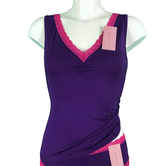 Soft Bamboo Jersey Lace Trim Cami Vest - Violet & Raspberry