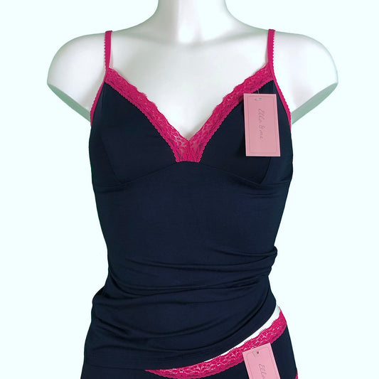 Soft Bamboo Jersey Strappy Cami Top - Navy & Raspberry