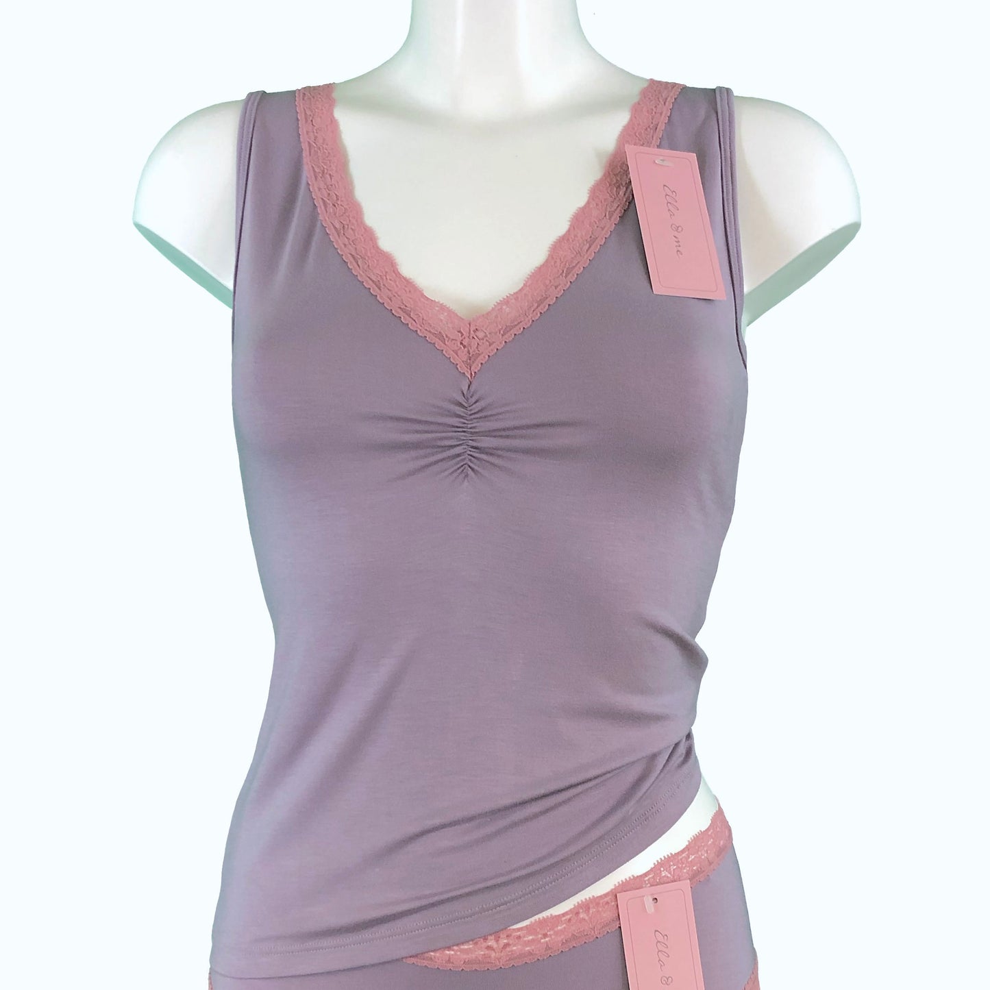 Soft Bamboo Jersey Lace Trim Cami Vest - Grey Mist & Vintage Rose