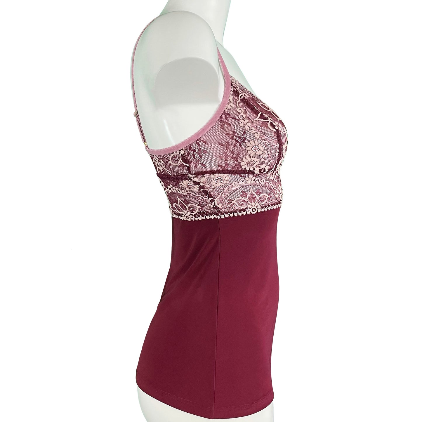 Soft Touch & Jacquard Lace Strappy Cami Top - Claret & Cream