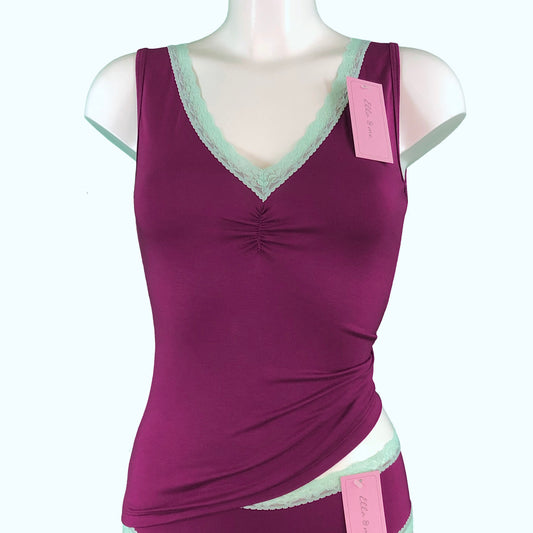Soft Bamboo Jersey Lace Trim Cami Vest - Raspberry & Spearmint